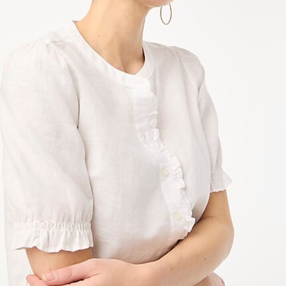 J. Crew Linen Blend Ruffle Button Down Top Puff Sleeves White Size XXS NWT